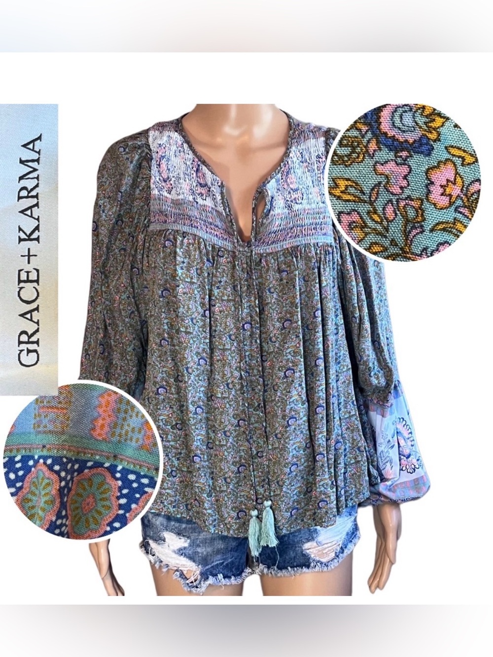 Grace + Karma Paisley Boho Peasant Festival Relaxed Flowy Long Sleeve Top Size L